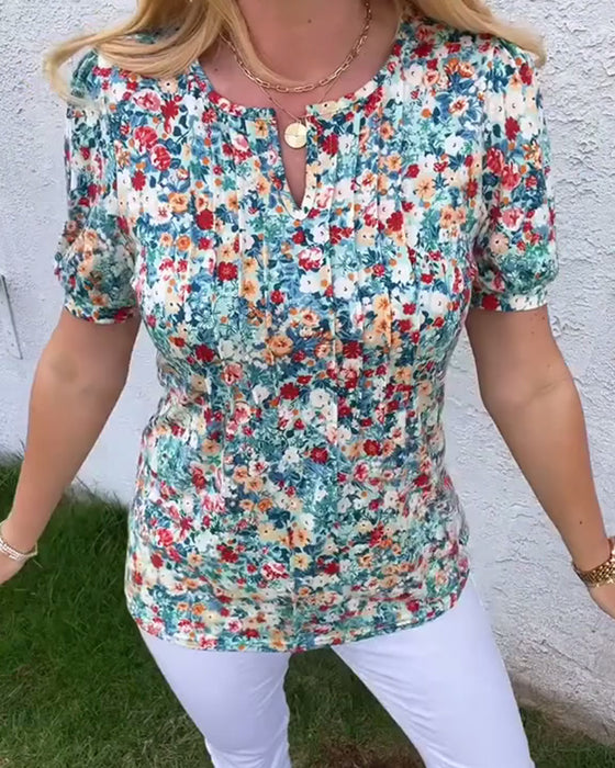 Blouse Korte Mouwen Bloemenprint Geplisseerd
