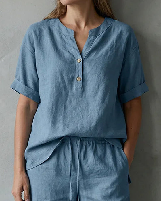 Twee-Delig Set Henley Hals Korte Mouw En Koord Vijf-Punts Wijde Been Broek