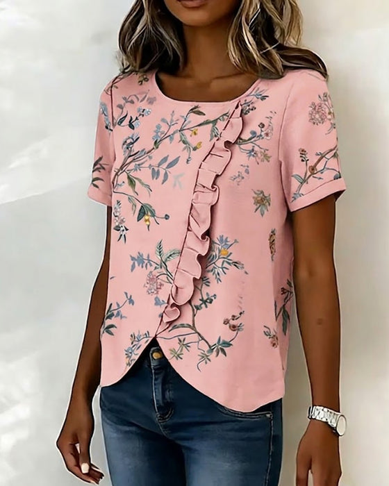 Blouse Ronde Hals Korte Mouw Ruche Bloemen