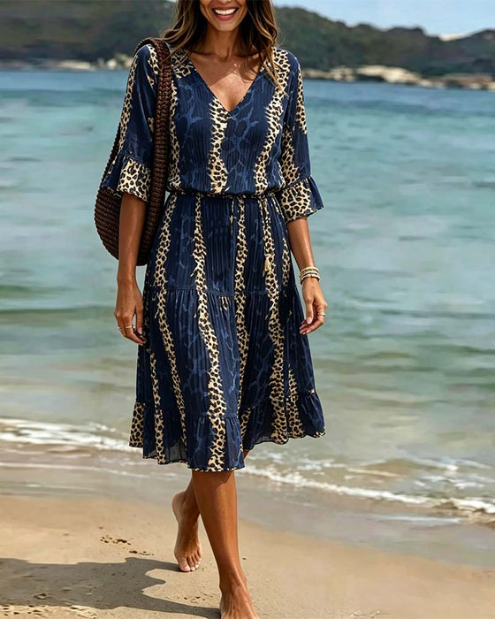 Jurk V-Hals Luipaard Patchwork Midi Vakantie