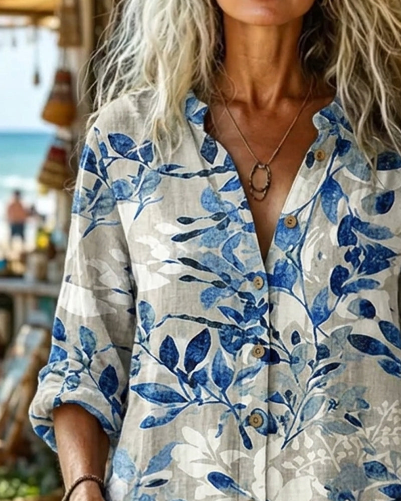 Blouse Opstaande Kraag Inkt Schilderij Bloemen