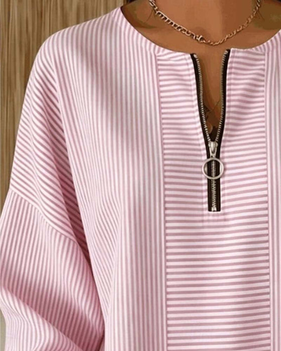 Blouse Halve-Rits Lange-Mouw Gestreept