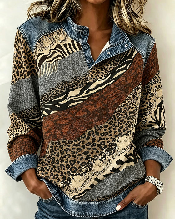 Blouse Patchwork Luipaard Knoop