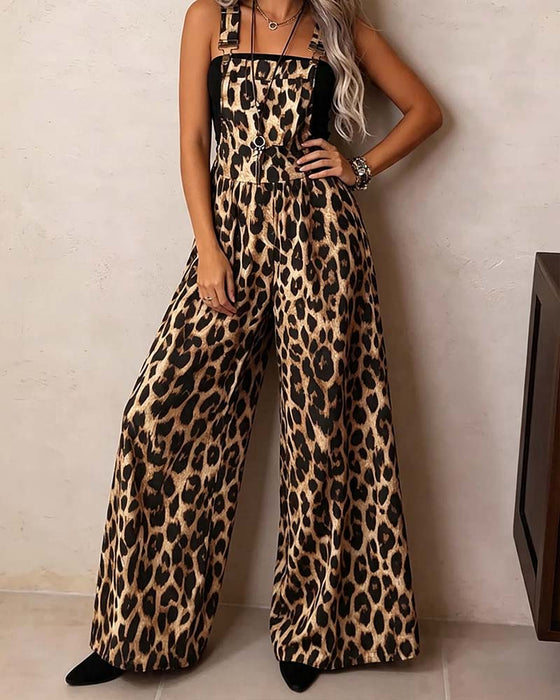 Jumpsuit Luipaard Hoge Taille Wijde Pijp Bandjes