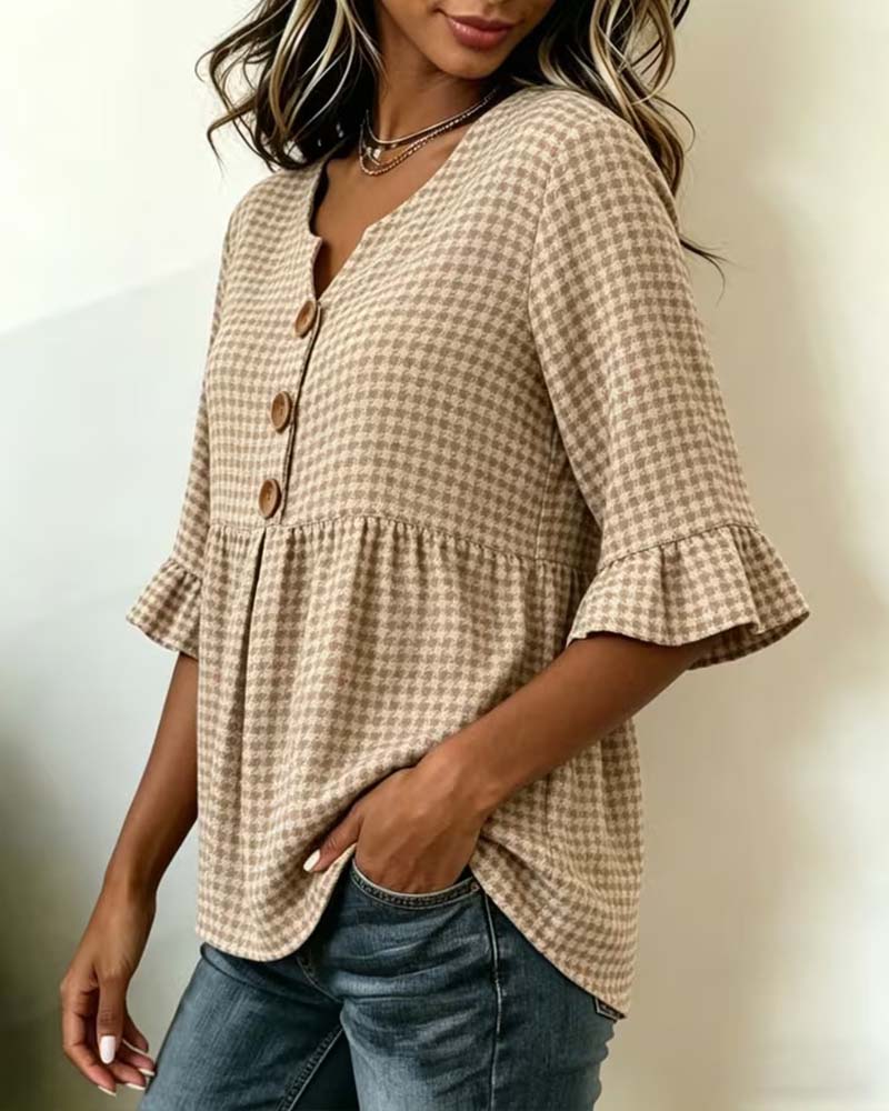 Blouse Ruitjesmotief Drieknoops Casual