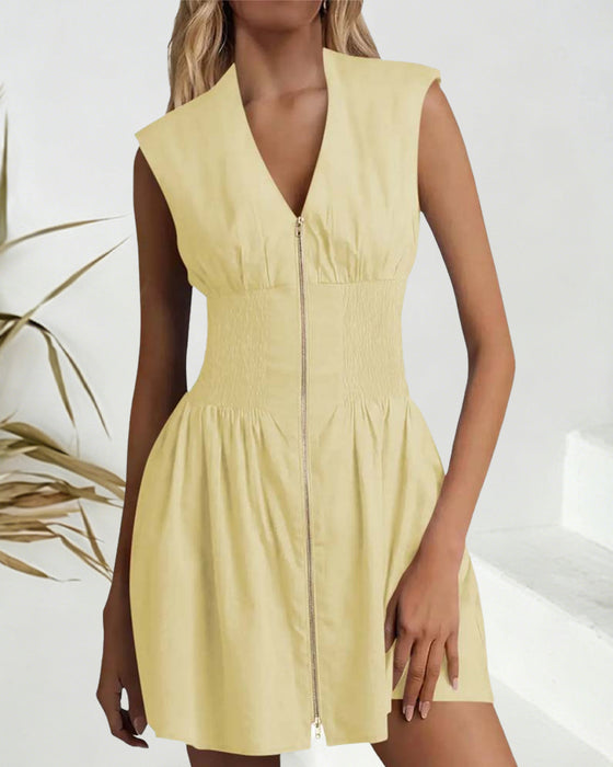 Jurk V-Hals Rits Getailleerde Taille Mouwloos