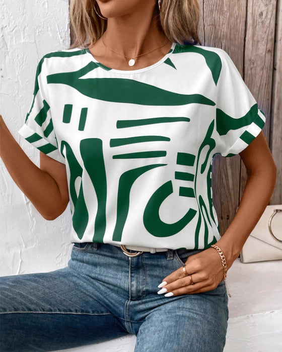 T-Shirt Ronde Hals Korte Mouw Geometrische Print