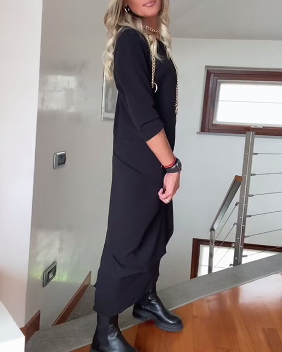 Ronde hals geplooide effen elegante jurk