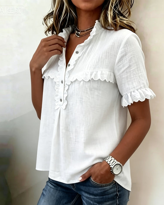 Blouse V-Hals Halfe Knoopsluiting