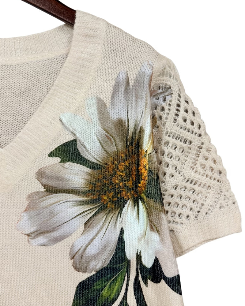 Pullover V-Hals Gebreid Bloemen