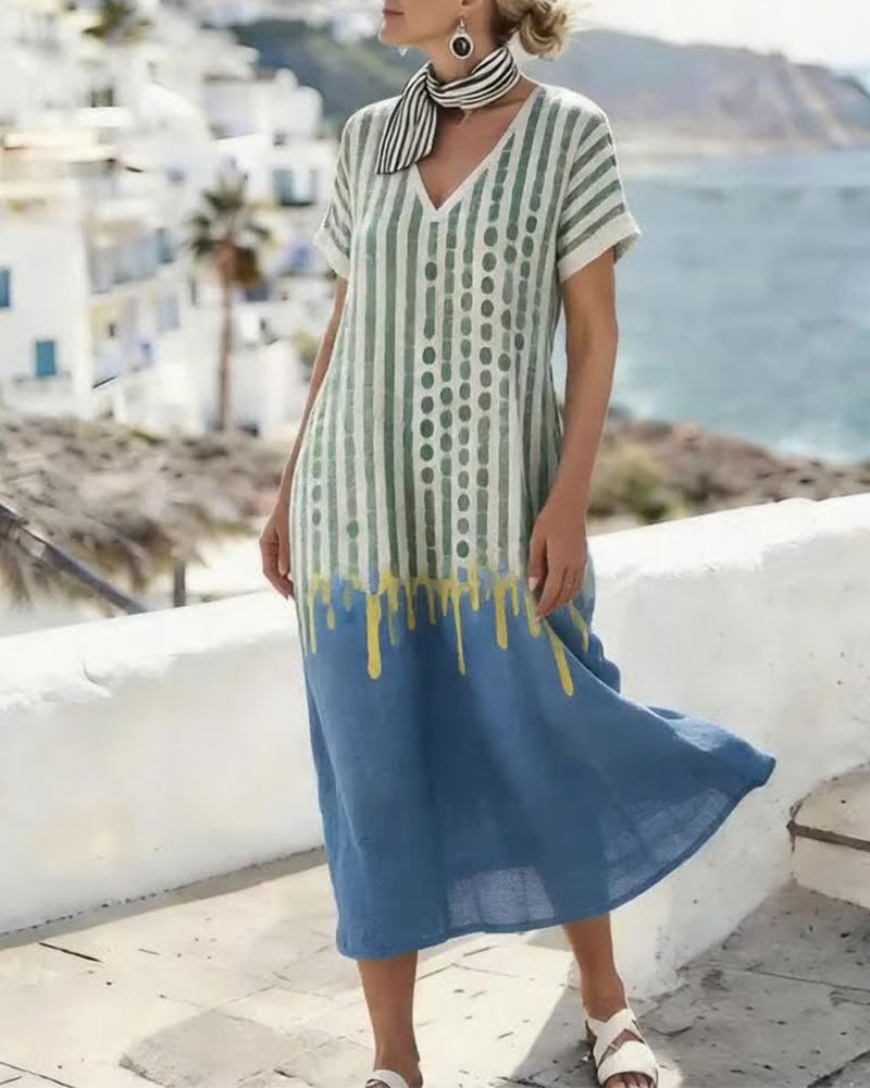 Jurk V-Hals Stip Gestreept Contras Kleur