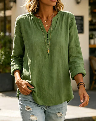 Blouse Lange Mouw V-Hals Knoop