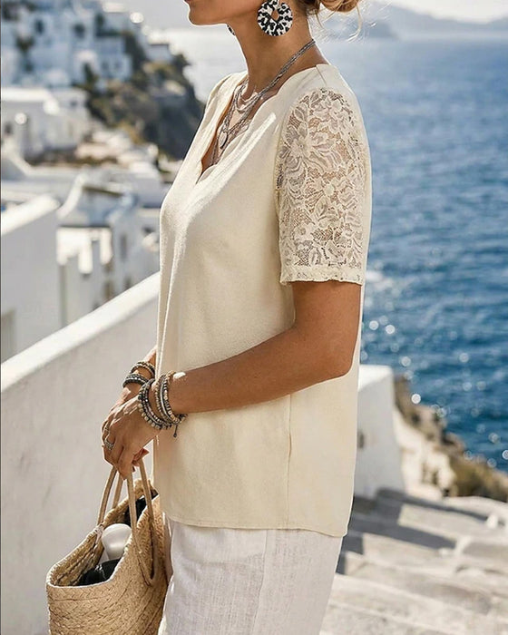 Blouse V-Hals Kant Patchwork Effen