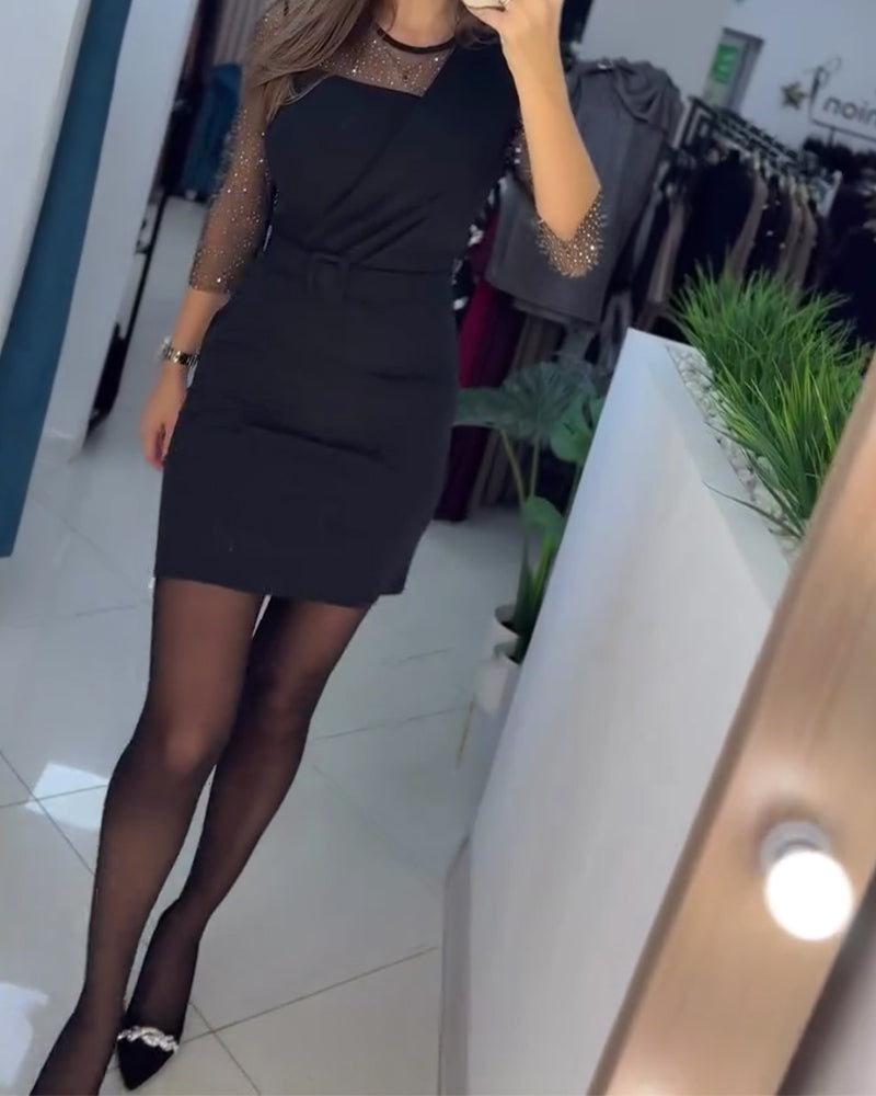 Jurk Mesh Kappe Rhinestone Slim Fit Heupomvattend