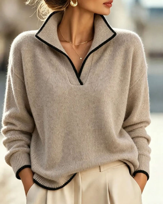 Pullover Revers V-Hals Contrasterend Losse
