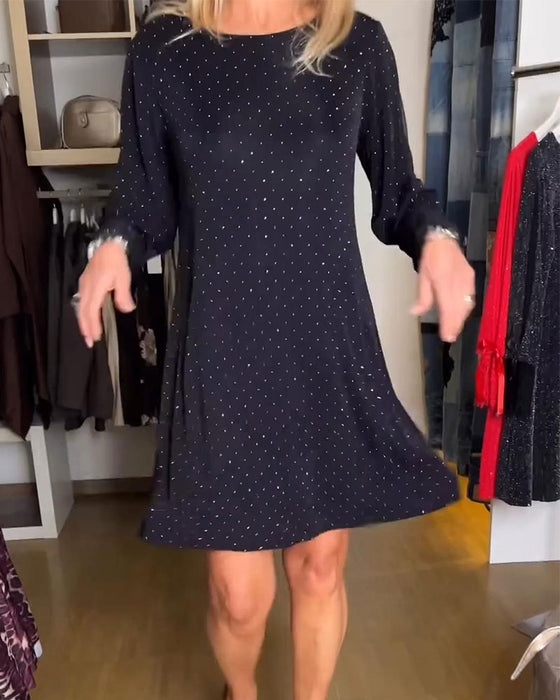 Jurk Effen Kleur Patchwork Glinsterend Ronde Hals