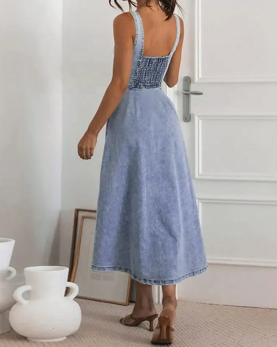 Jurk Spaghettibandje Knoop Taille Gesnoerd Denim