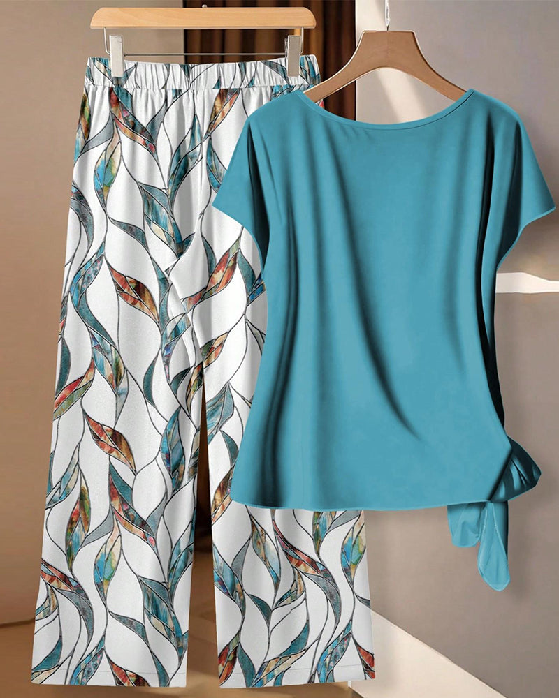 Set Knoop Blouse Print Wijde Been Broek