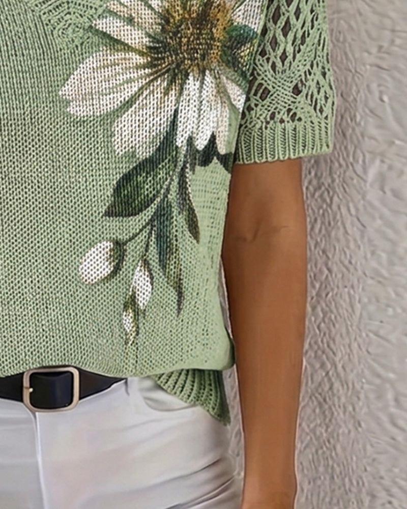 Pullover V-Hals Gebreid Bloemen