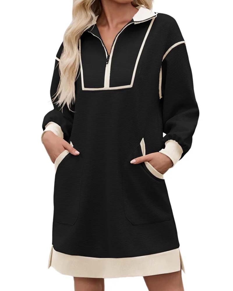 Jurk Half Zip Lange Mouw Kleurblok Kort