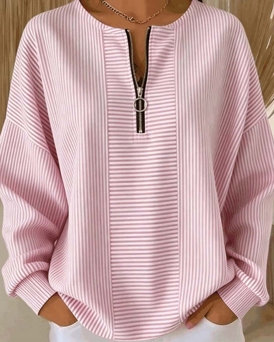 Blouse Halve-Rits Lange-Mouw Gestreept