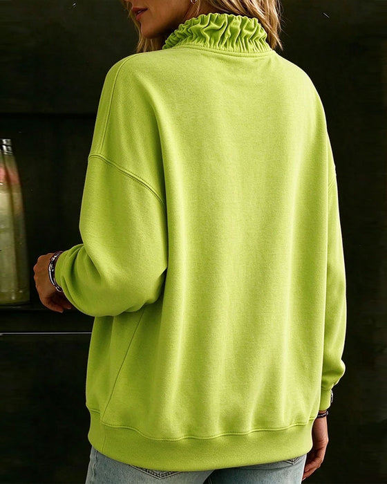 Sweatshirt Rits Volant Afvallende Schouder Lange Mouw