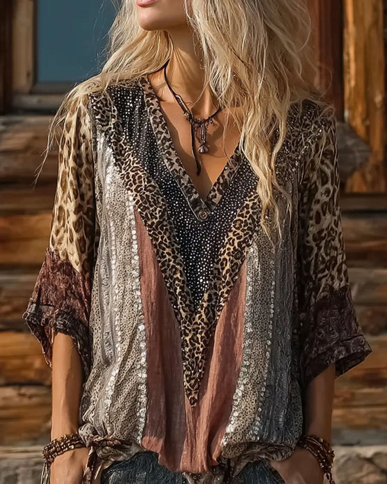 Blouse Luipaard Patchwork V-Hals Print
