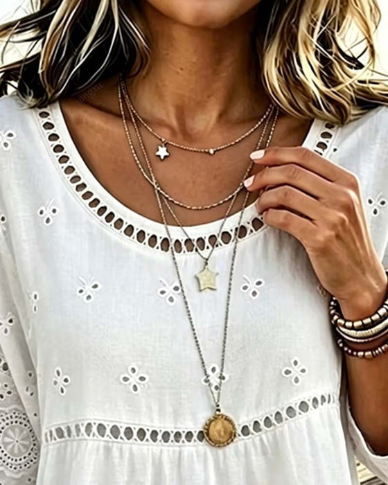 Blouse Rondhals Hollow Out Effen