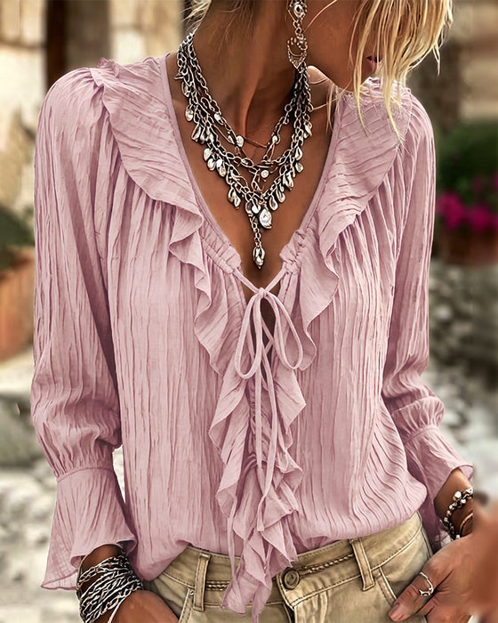 Blouse Ruche Afwerking Vetersluiting Lange Mouw
