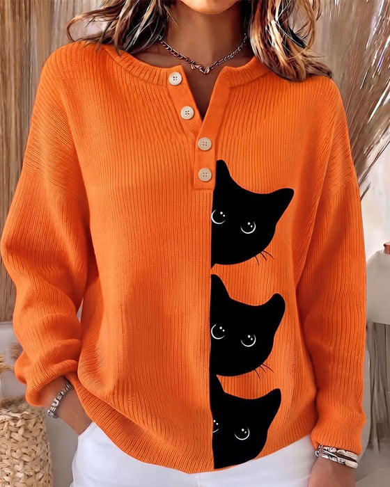 Pullover Knoop Voor Streep Kat Contrast Gebreid
