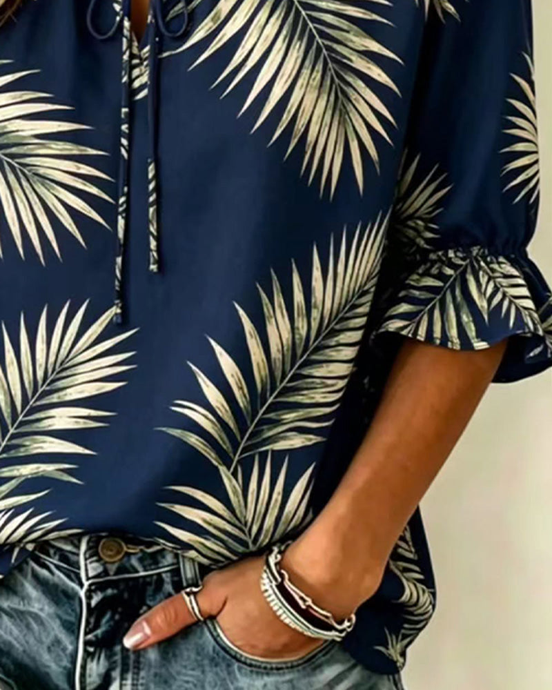 Blouse Blad Afdruk Stropdas