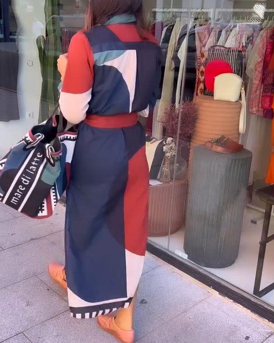 Casual color block print jurk met revers en veter