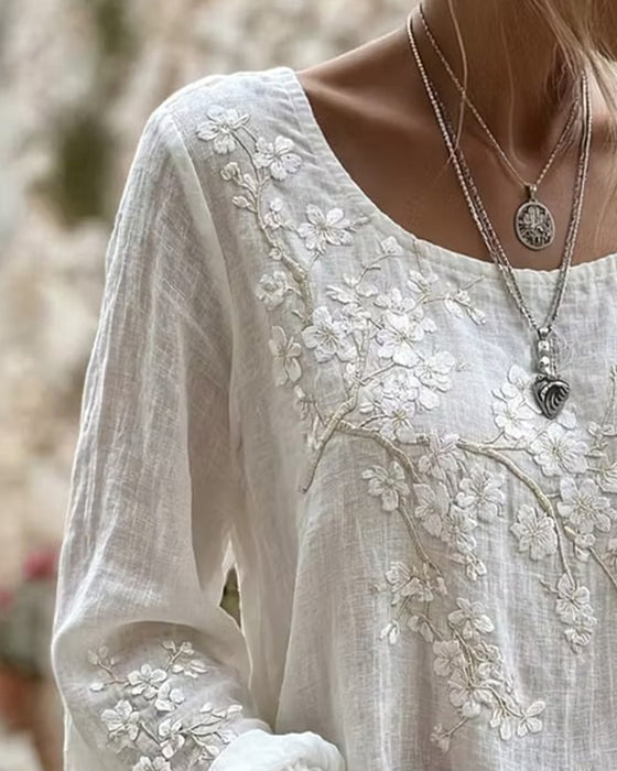 Blouse Gestructureerde Kersenbloesem Geborduurde Ronde Hals