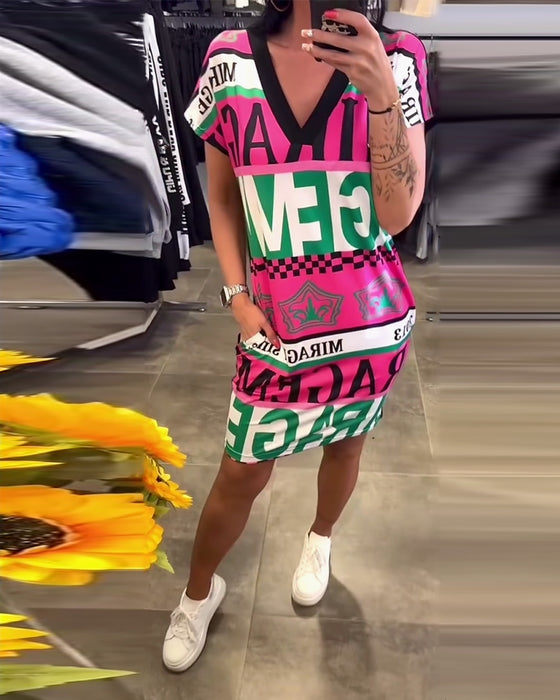 Jurk Bedrukt V-Hals Korte Mouwen