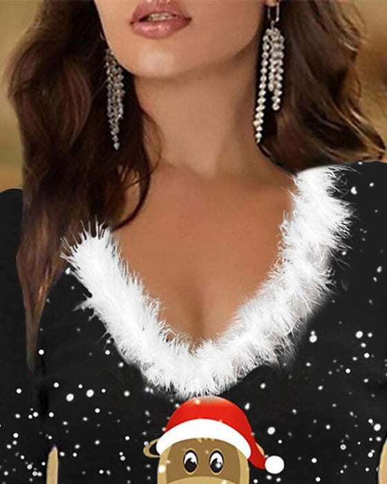 Slim-Fit Top Met Bontkraag En Print