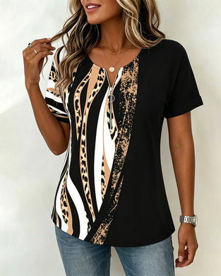 T-Shirt Rits Luipaard Print Kleurblok Casual