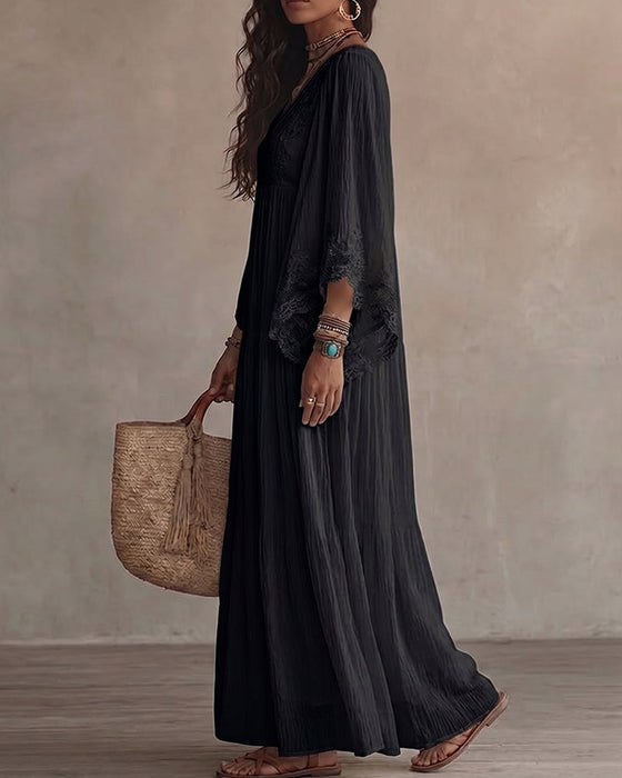 Jurk V-Hals Kant Patchwork Effen