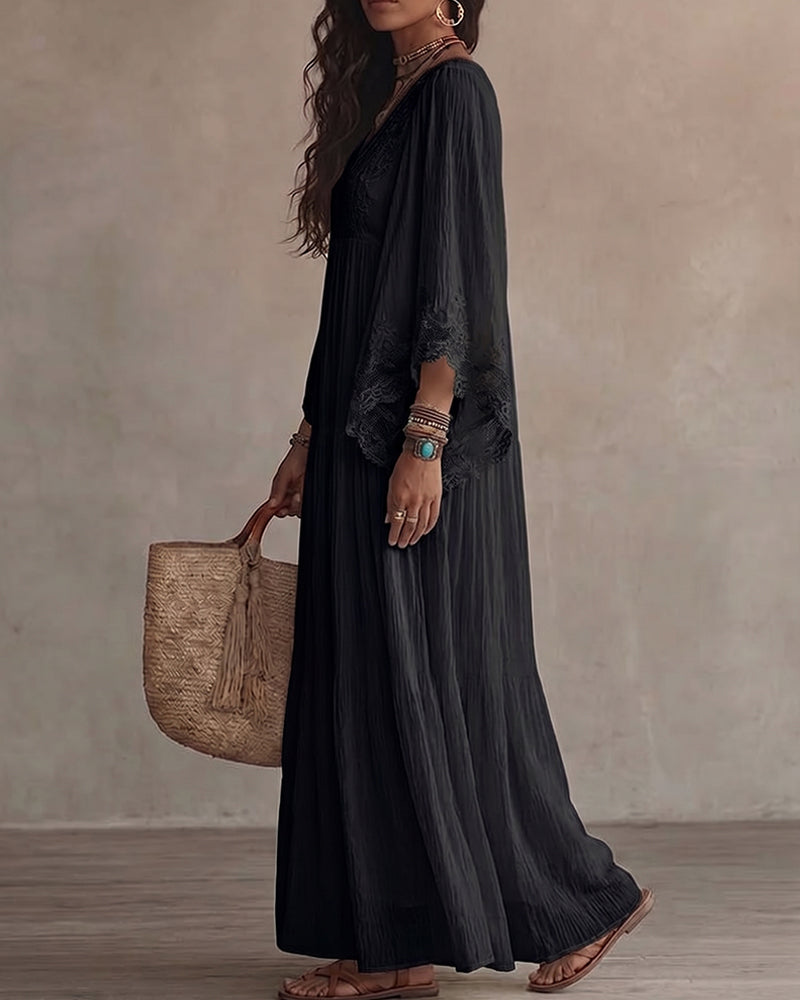 Jurk V-Hals Kant Patchwork Effen