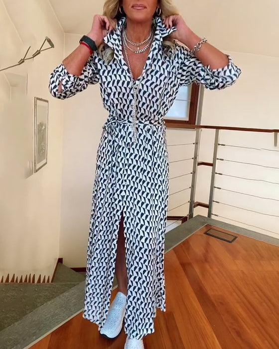 Jurk met revers en split met geometrische print