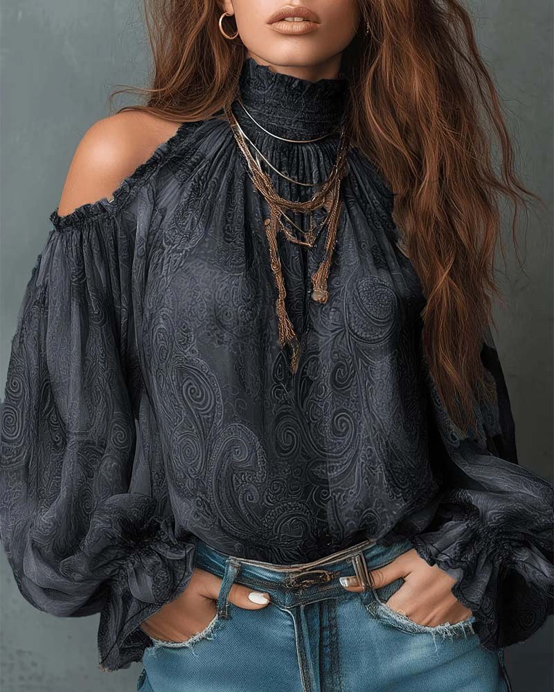 Blouse Bedrukt Off-Shoulder Mandarin Kraag
