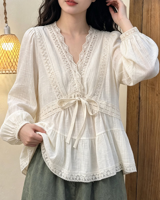 Blouse V-Hals Ballon Mouw Kant Patchwork Uitlopend