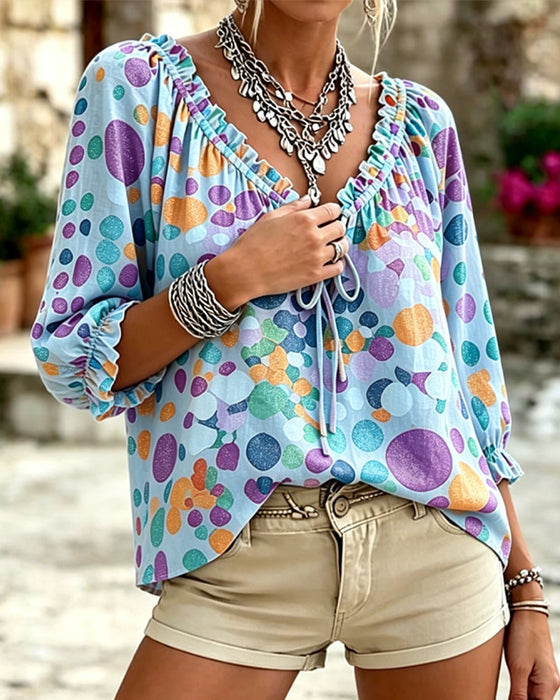 Blouse V-Hals Stippen Met Vetersluiting