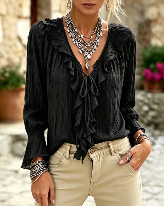 Blouse Ruche Afwerking Vetersluiting Lange Mouw