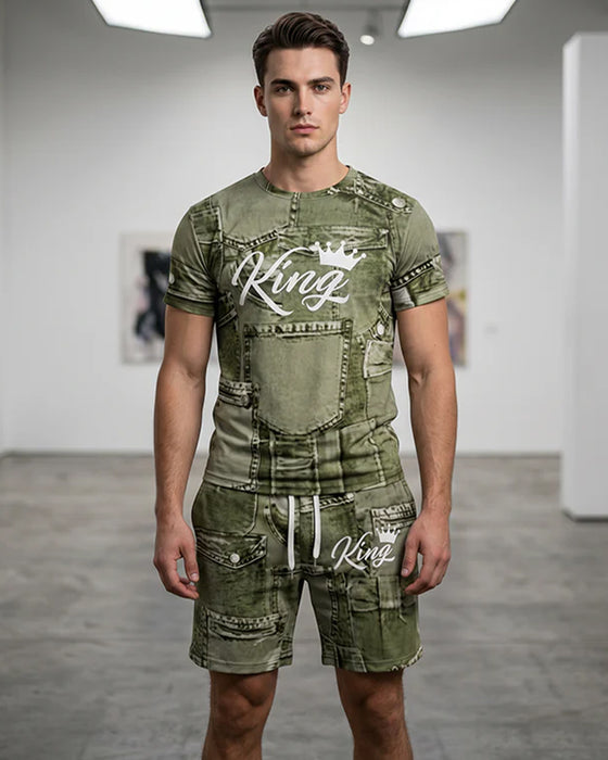 Herenset Met Rondhals Monogram-T-Shirt En Trekkoord-Shorts