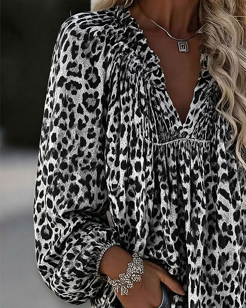 Blouse V-Hals Luipaardprint Gerimpeld Poefmouw