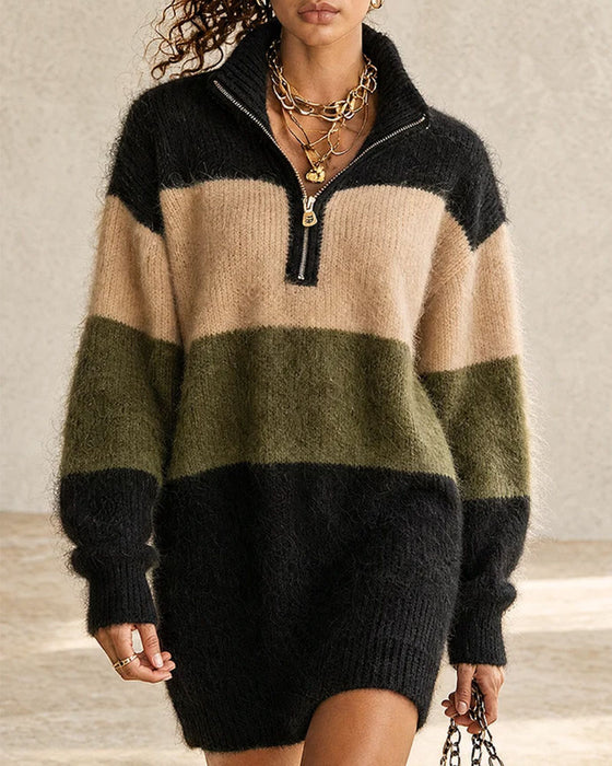Jurk Kleurblok Half Rits Turtleneck Lang Trui