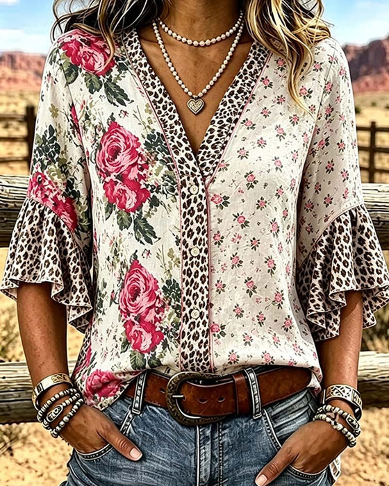 Blouse V-Hals Luipaardprint Bloemen Patchwork Ruches