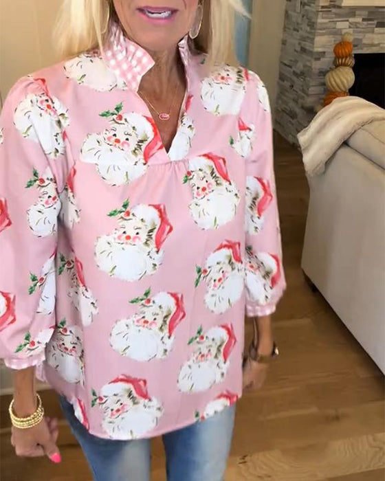 Blouse Met Kerstmanprint En V-Hals