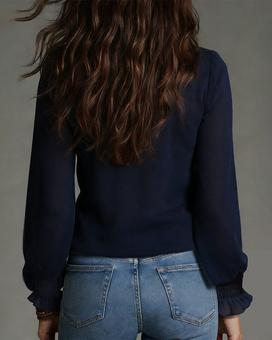 Blouse Halve Rits Kraag Gerimpeld Effen Kleur