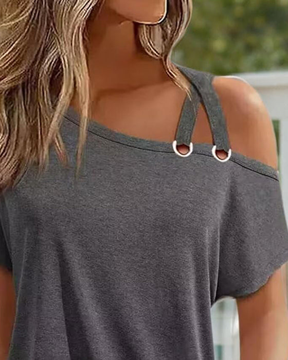 T-Shirt Effen Kleur Asymmetrisch Blote Schouder Korte Mouwen